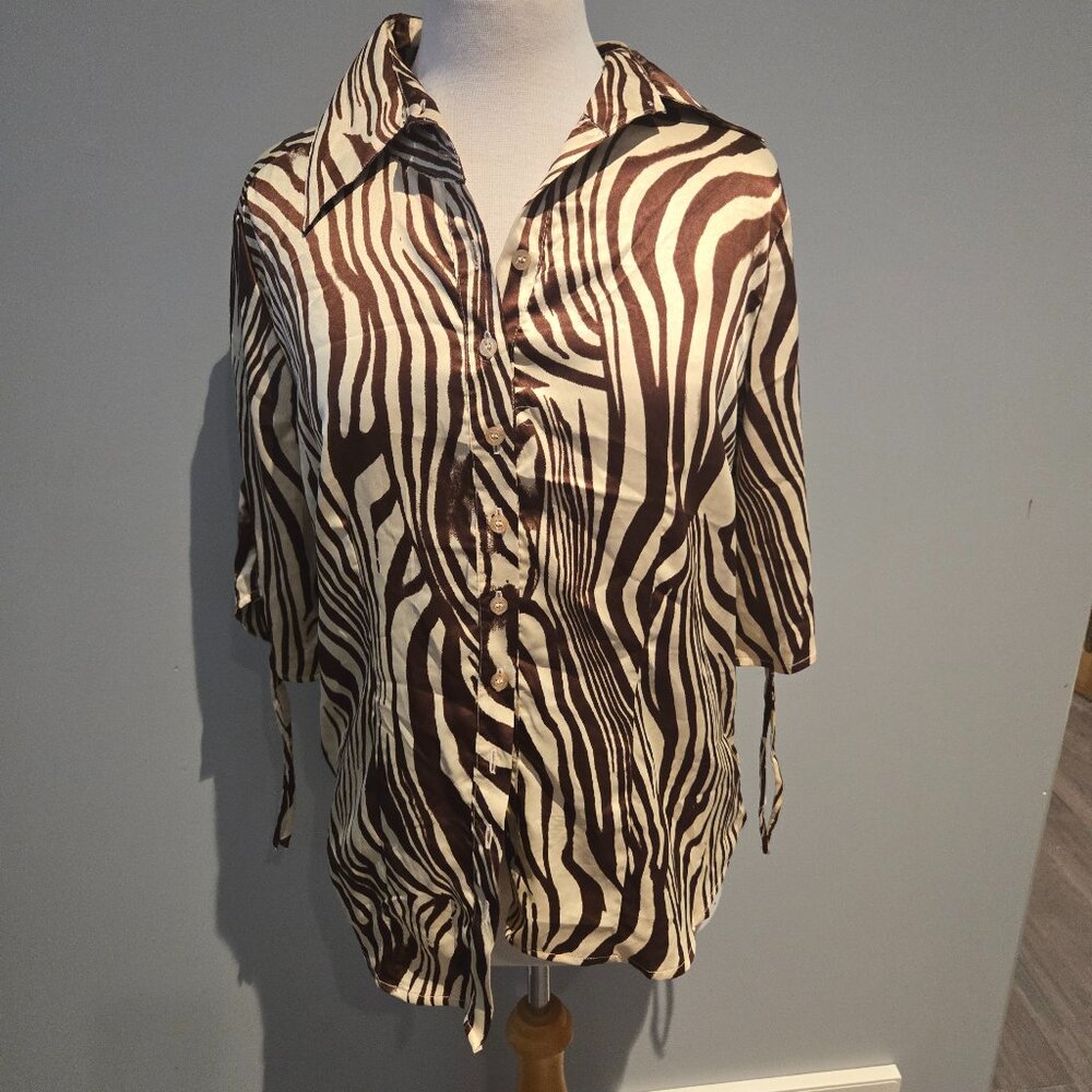 Antilia Femme Zebra Print Button Up | Size XL | Brown & Cream